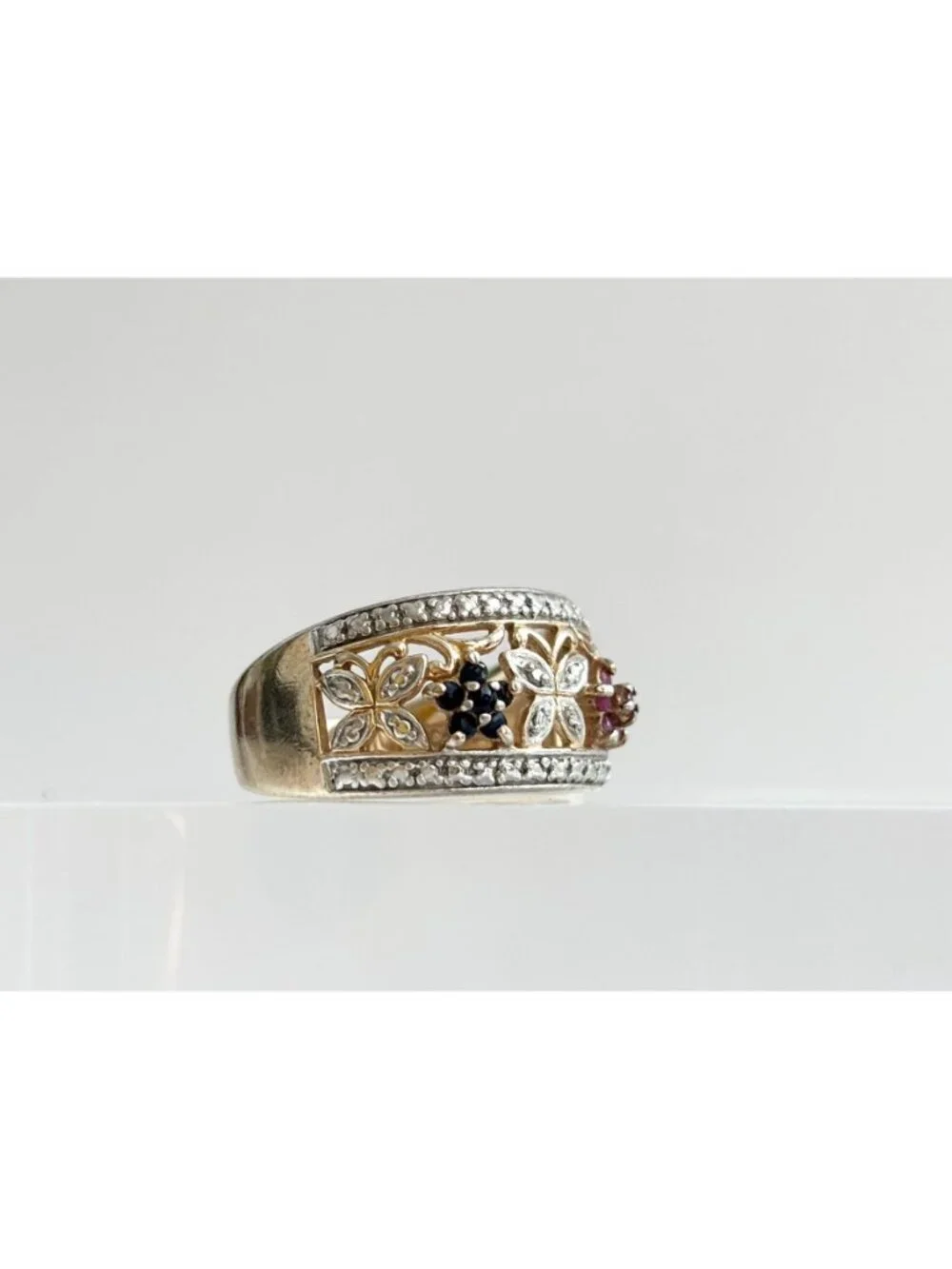 Butterfly Gold Overlay Garnet & Onyx Sterling Silver 925 Vintage Ring sz 8